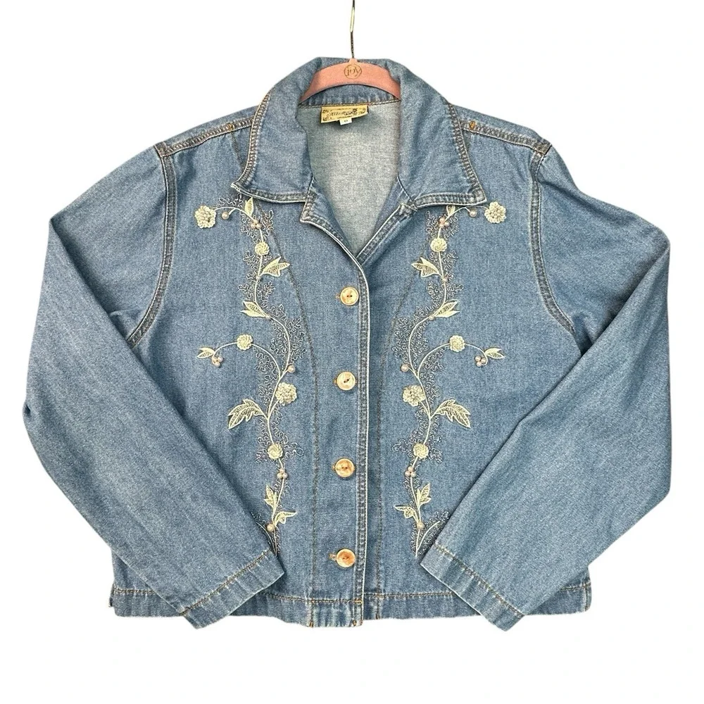 VTG Monique Fashions Denim Dress Jacket Set Size 8 Light Blue‎ Embroidered USA